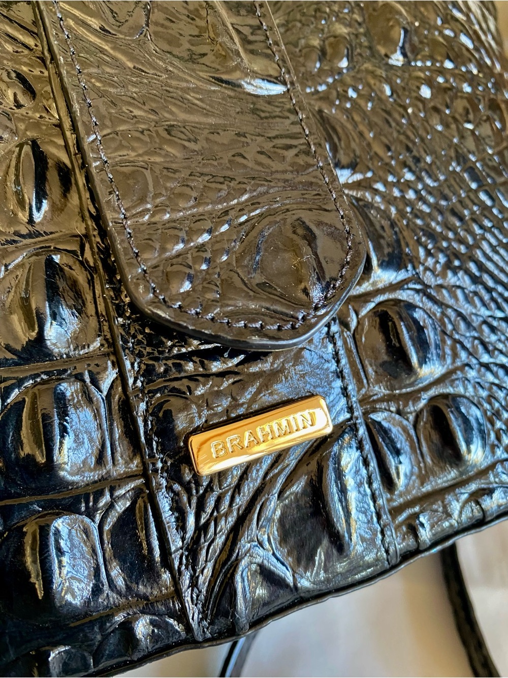 BRAHMIN BLACK LUXE FAITH HANDBAG ~SWAROVSKI CRYSTALS (($365)) Luxury Black Croc - Picture 6 of 14